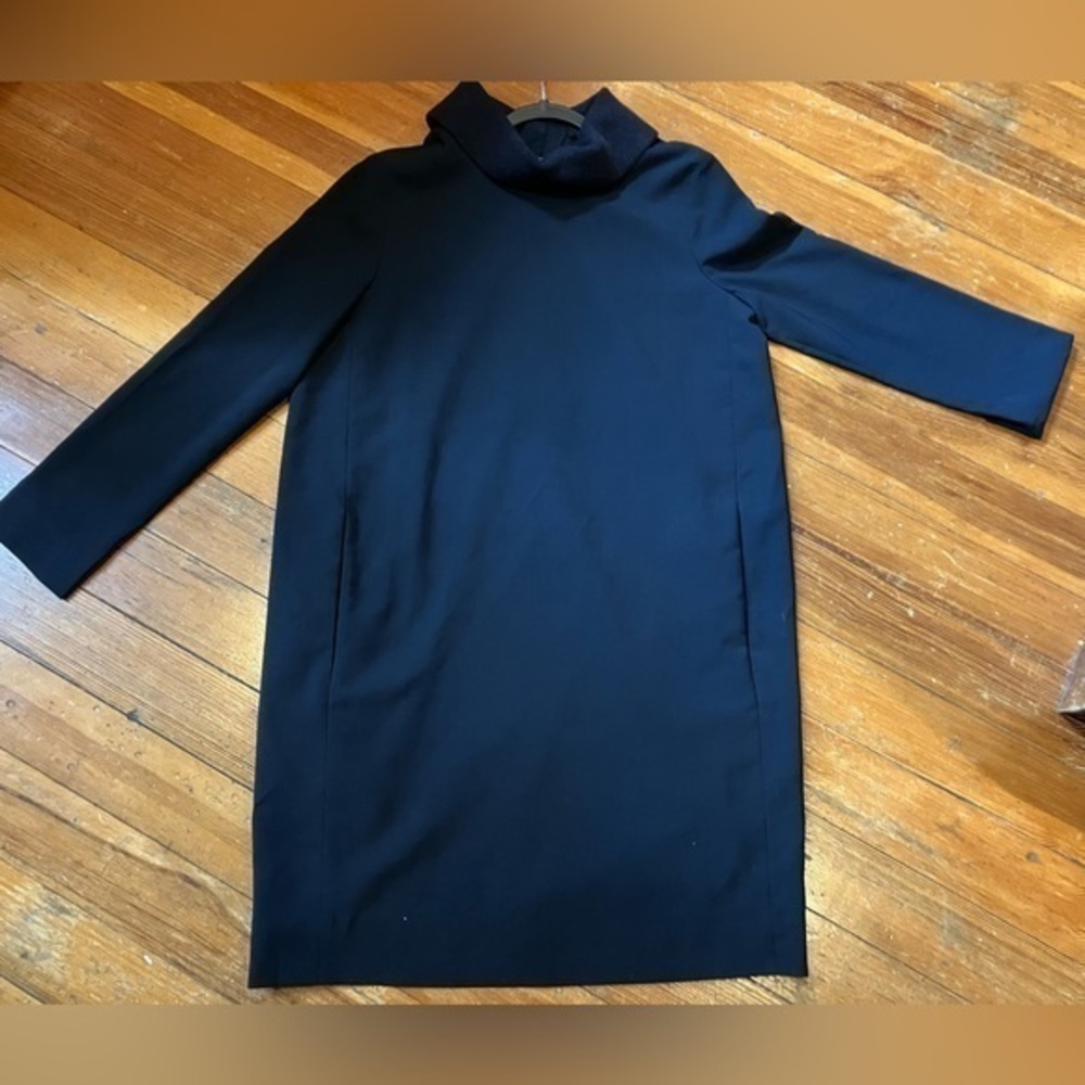 Women’s COS Navy Blue Shift Dress with Knit Collar, Pockets, Lined, Size US 6